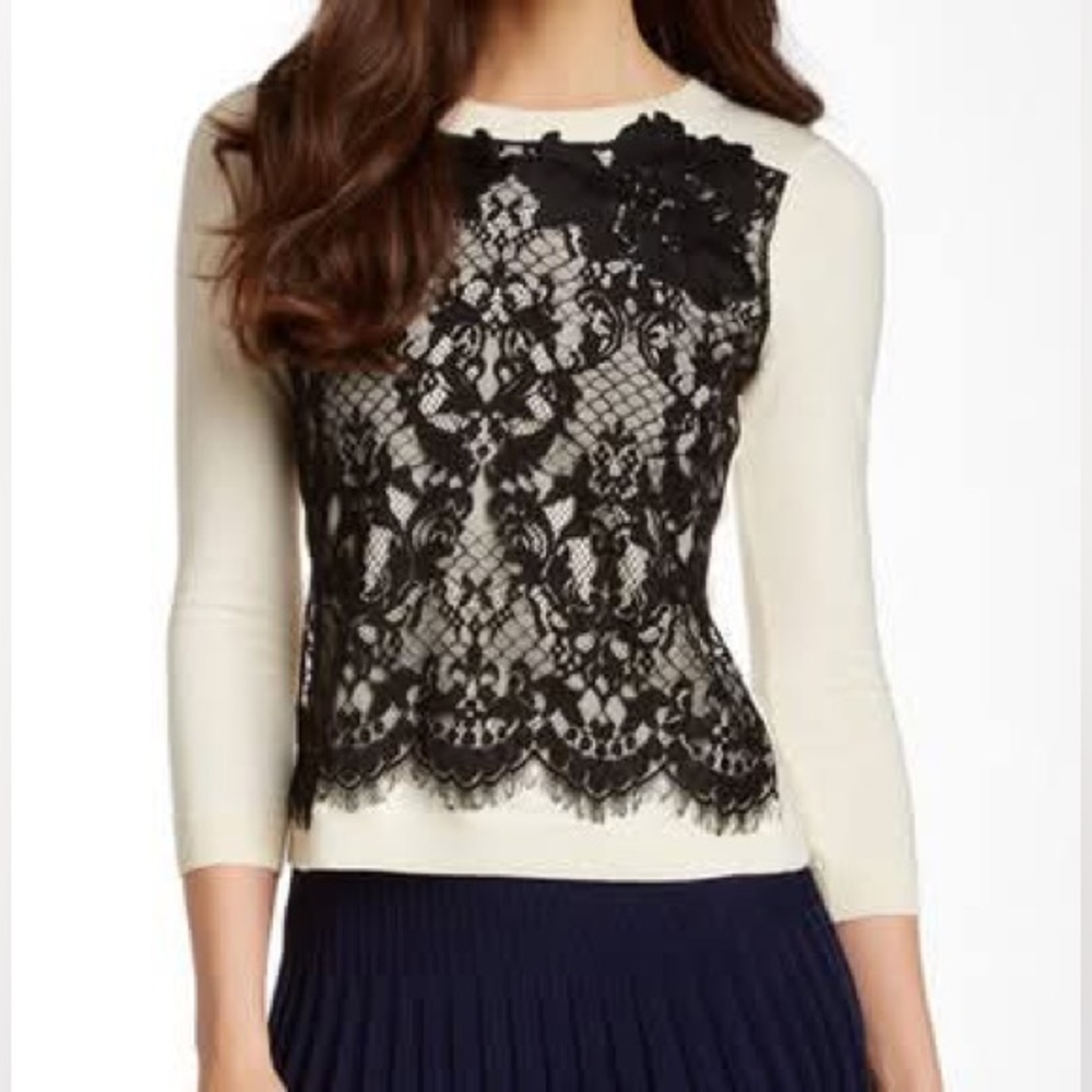 Diane von Furstenberg Ivory Wool Blend Sweater w/ Black Lace Detail - Pre-loved